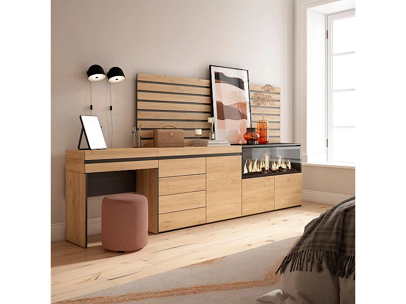 Coiffeuse, 284x35x145 cm, Avec tiroir, Cheminée électrique XXL, Commode, Buffet, Panneaux Muraux en Bois, Chêne