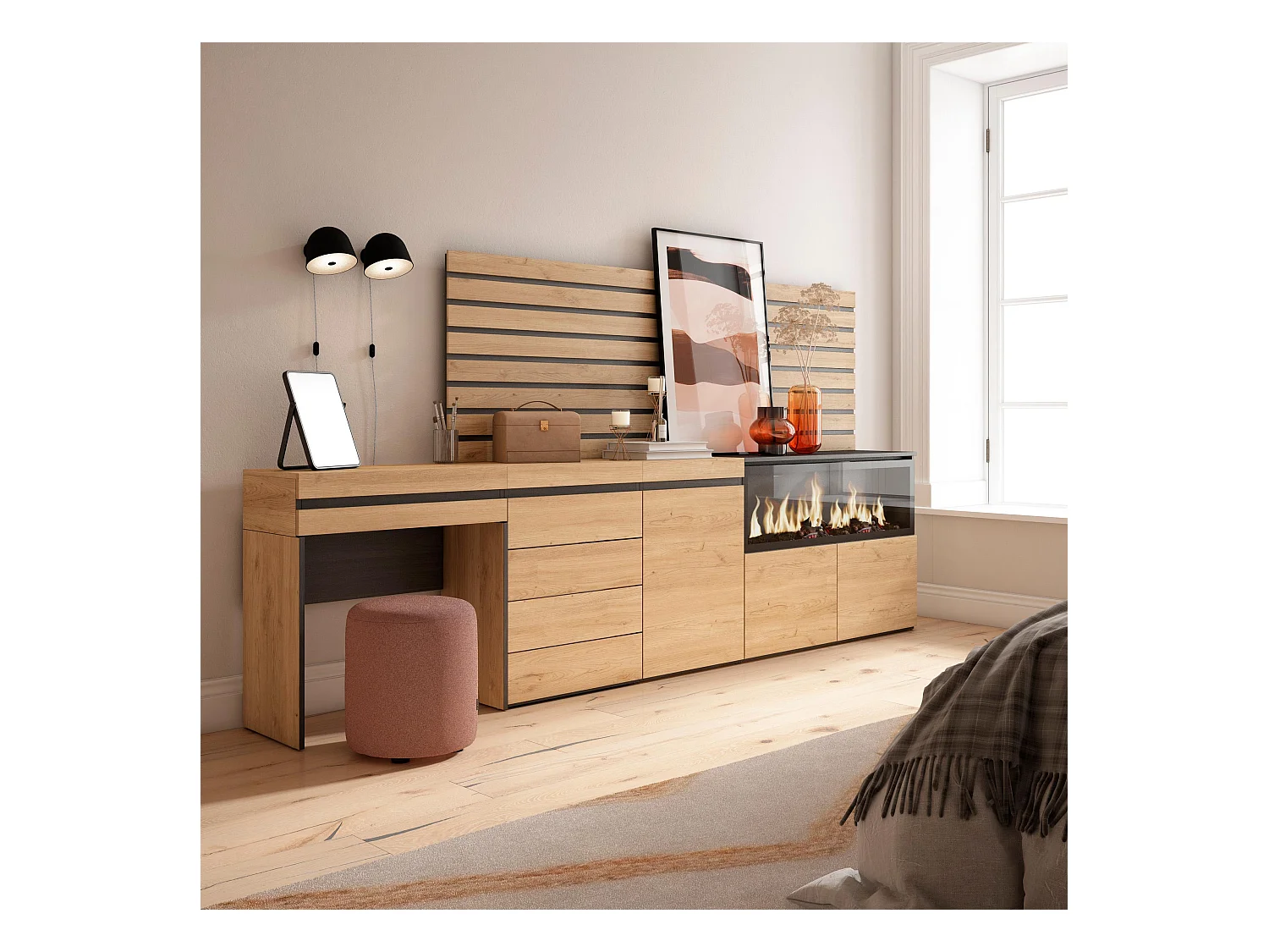 Schminktisch, 284x35x145cm, mit Schublade, Elektrokamin XXL, Kommode mit Schubladen, Lamellenwand Holz, Eiche
