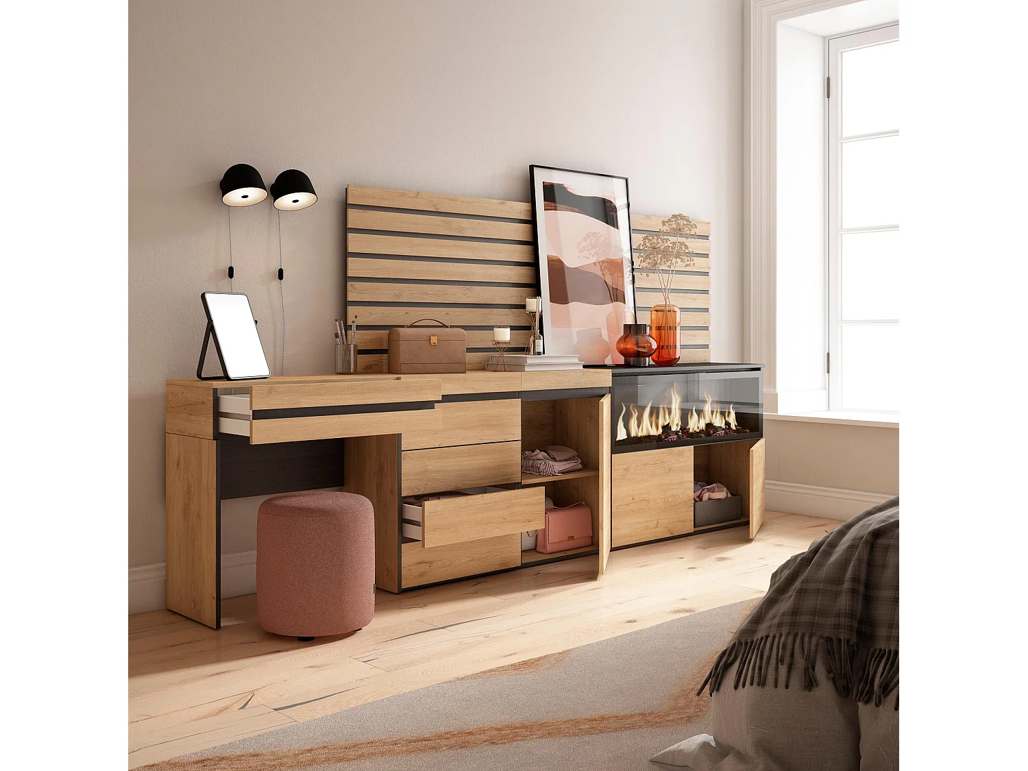 Schminktisch, 284x35x145cm, mit Schublade, Elektrokamin XXL, Kommode mit Schubladen, Lamellenwand Holz, Eiche