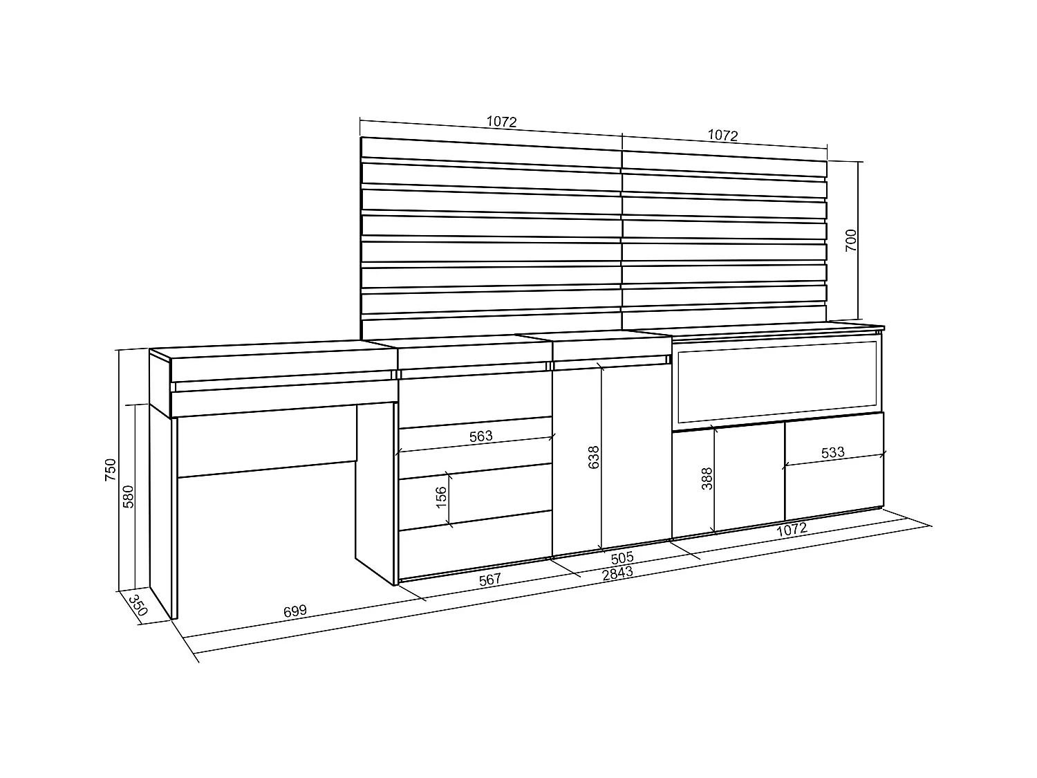 Schminktisch, 284x35x145cm, mit Schublade, Elektrokamin XXL, Kommode mit Schubladen, Lamellenwand Holz, Eiche