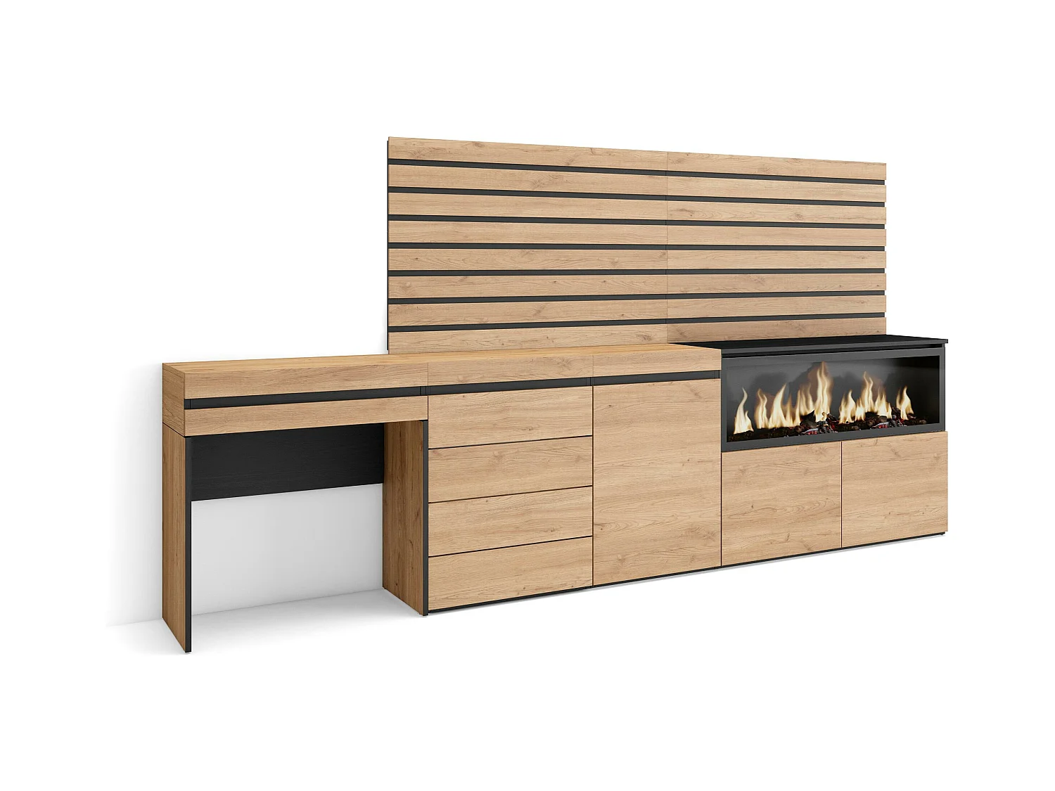 Kaptafel, Make-uptafel, 284x35x145cm, Met lade, Elektrische haard XXL, Ladekast, Commode, Lamellenwand Hout, Eiken