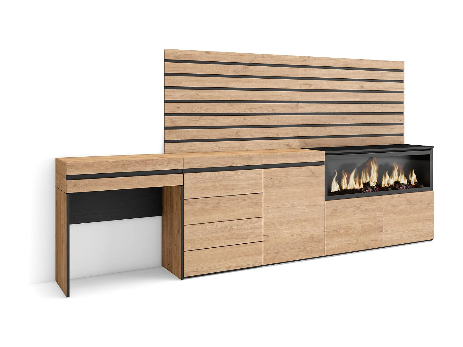 Kaptafel, Make-uptafel, 284x35x145cm, Met lade, Elektrische haard XXL, Ladekast, Commode, Lamellenwand Hout, Eiken