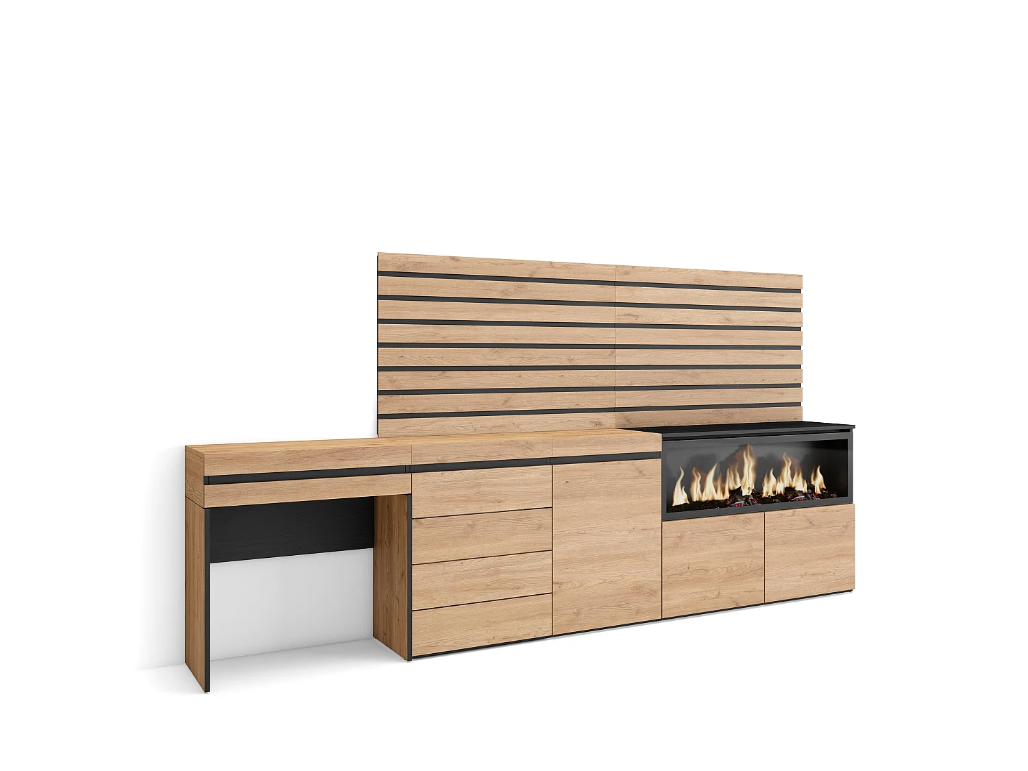 Kaptafel, Make-uptafel, 284x35x145cm, Met lade, Elektrische haard XXL, Ladekast, Commode, Lamellenwand Hout, Eiken