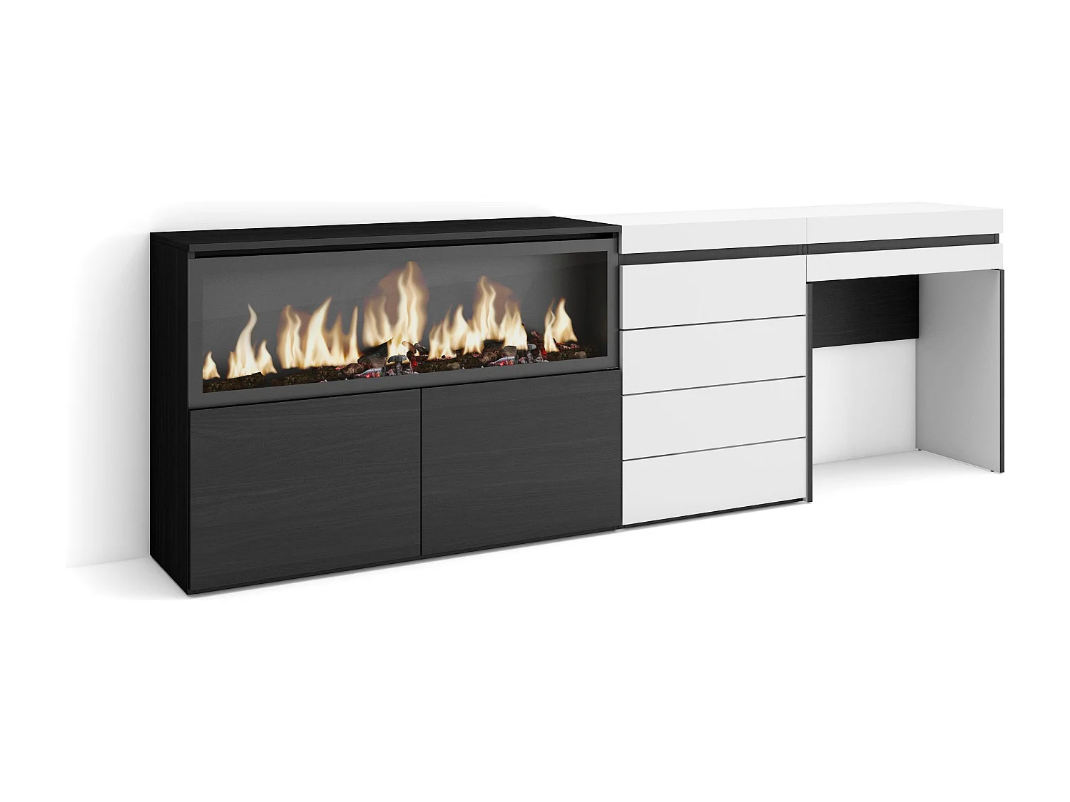 Tocador, 234x35x75cm, Con cajón, Chimenea eléctrica XXL, Cómoda, Cajonera, Blanco