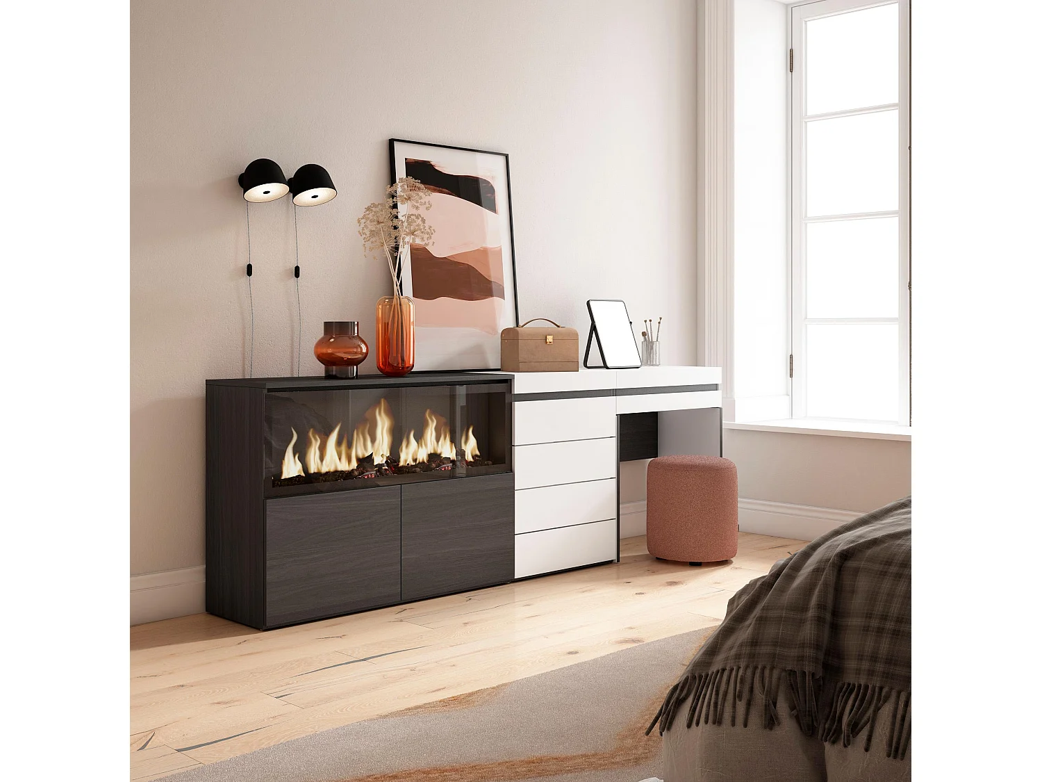 Coiffeuse, 234x35x75cm, avec tiroir, Cheminée électrique XXL, Commode, Buffet, Blanc