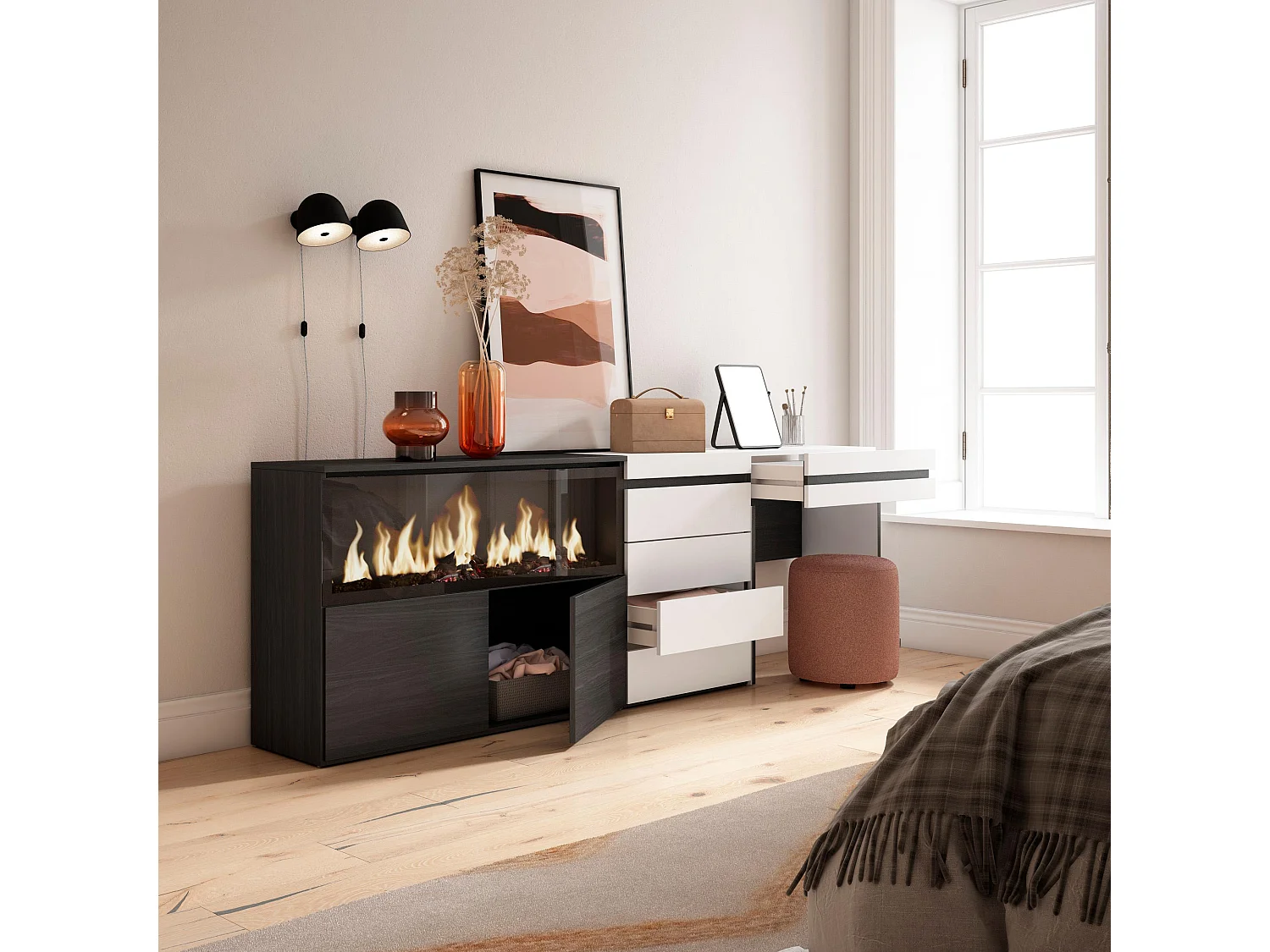 Coiffeuse, 234x35x75cm, avec tiroir, Cheminée électrique XXL, Commode, Buffet, Blanc