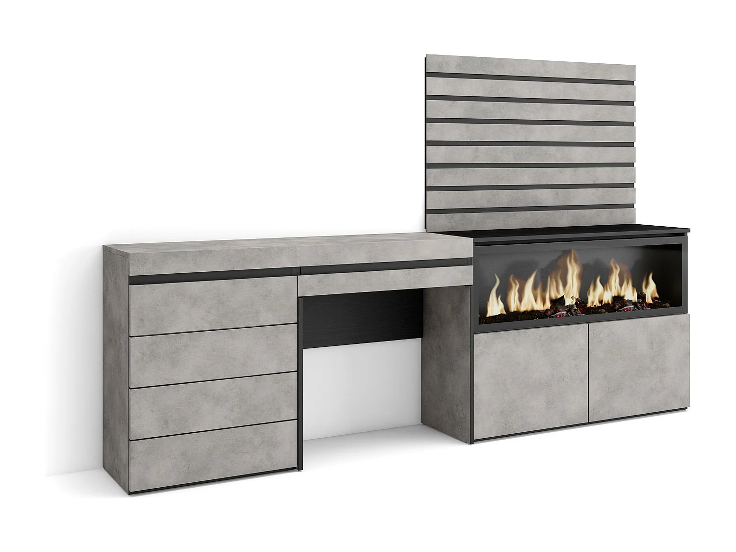 Coiffeuse, 234x35x145 cm, Avec tiroir, Cheminée électrique XXL, Commode, Buffet, Panneaux Muraux en Bois, Ciment