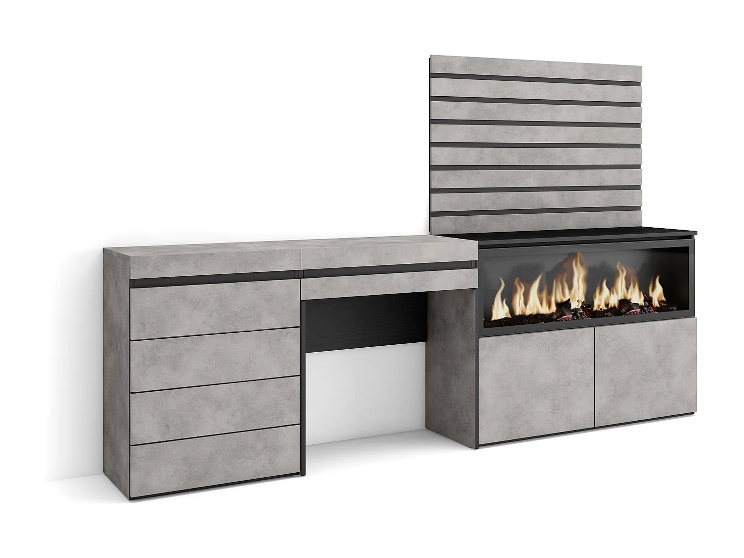 Coiffeuse, 234x35x145 cm, Avec tiroir, Cheminée électrique XXL, Commode, Buffet, Panneaux Muraux en Bois, Ciment