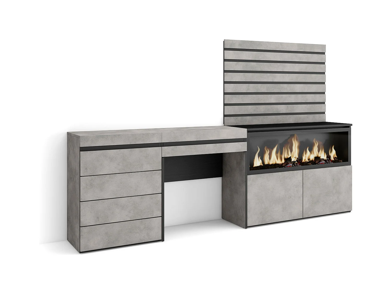 Coiffeuse, 234x35x145 cm, Avec tiroir, Cheminée électrique XXL, Commode, Buffet, Panneaux Muraux en Bois, Ciment