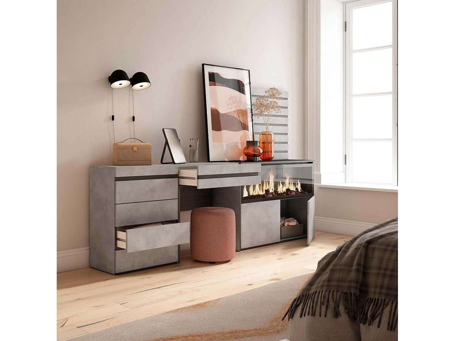 Tocador, 234x35x145cm, Con cajón, Chimenea eléctrica XXL, Cómoda, Cajonera, Listones Decorativos, Cemento