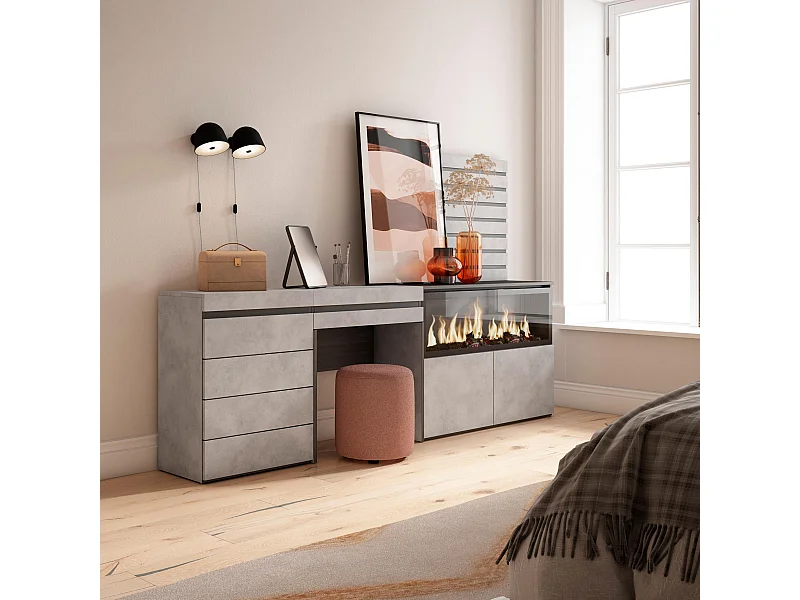 Kaptafel, Make-uptafel, 234x35x145cm, Met lade, Elektrische haard XXL, Ladekast, Commode, Lamellenwand Hout, Cement