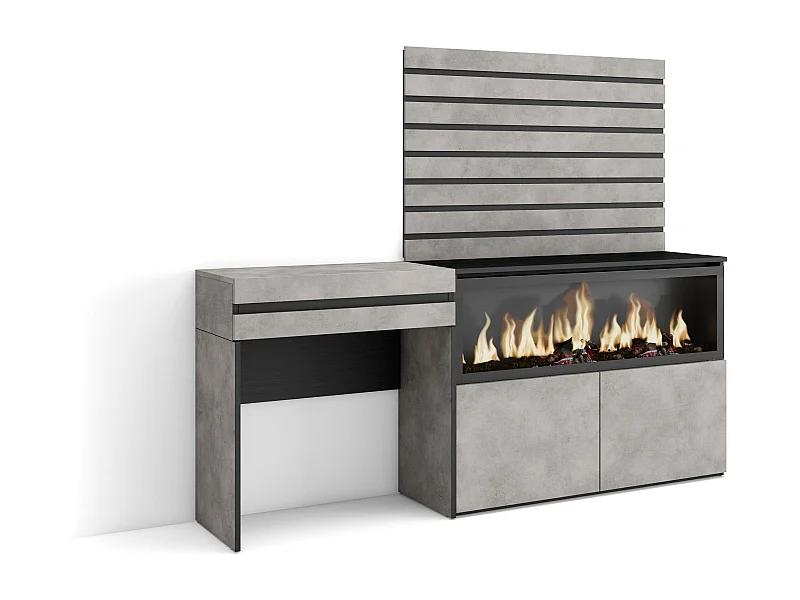 Coiffeuse, 177x35x145 cm, Avec tiroir, Cheminée électrique XXL, Panneaux Muraux en Bois, Ciment