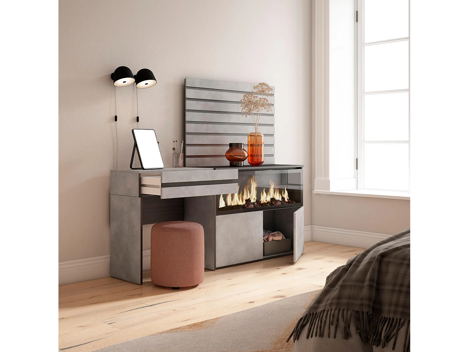 Coiffeuse, 177x35x145 cm, Avec tiroir, Cheminée électrique XXL, Panneaux Muraux en Bois, Ciment