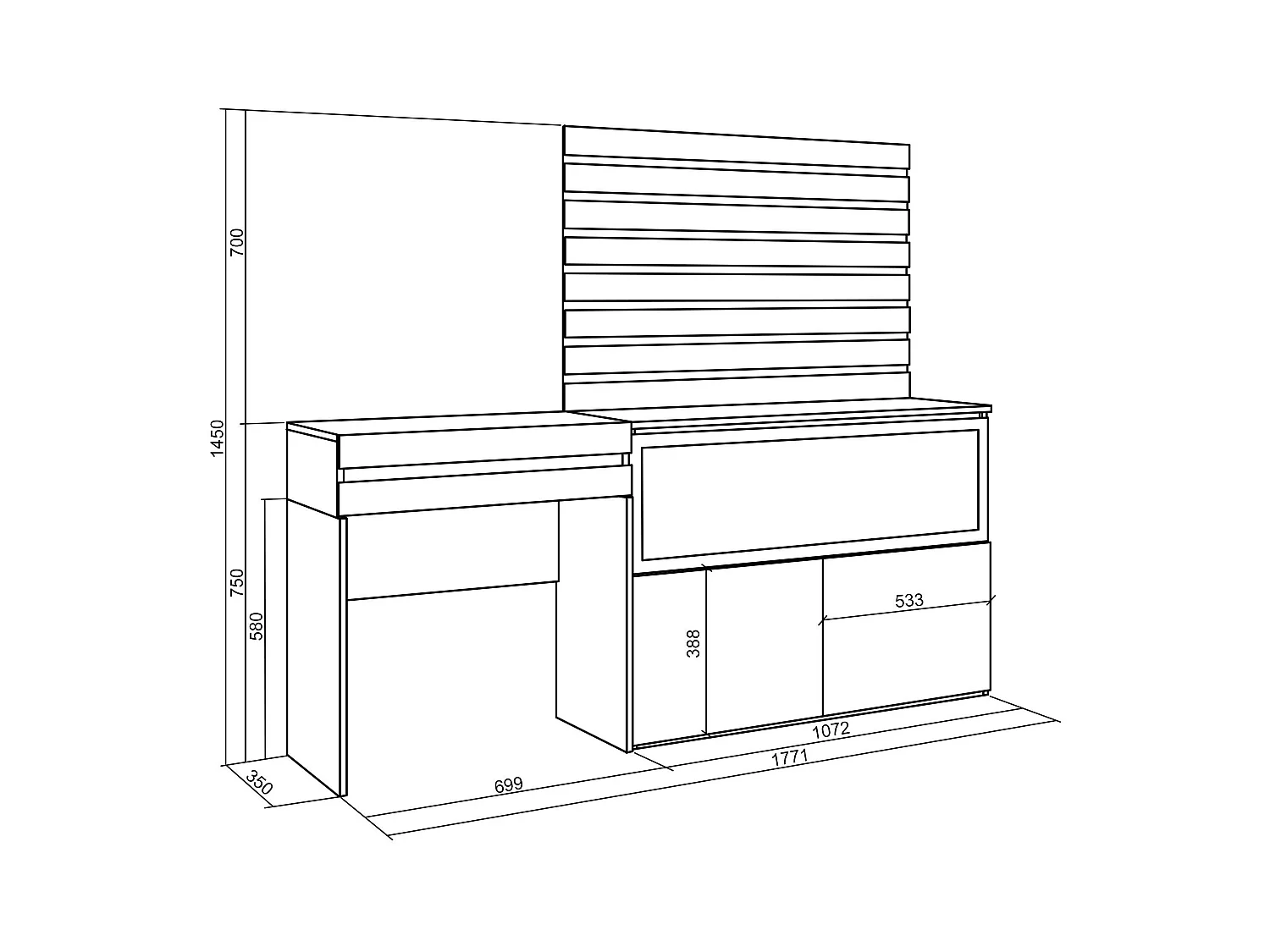 Coiffeuse, 177x35x145 cm, Avec tiroir, Cheminée électrique XXL, Panneaux Muraux en Bois, Ciment