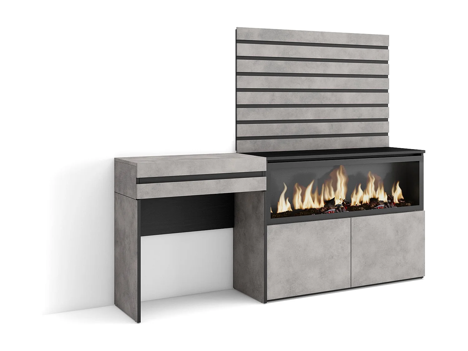 Coiffeuse, 177x35x145 cm, Avec tiroir, Cheminée électrique XXL, Panneaux Muraux en Bois, Ciment