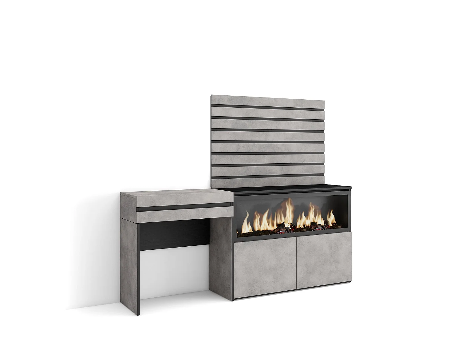 Toucador, 177x35x145cm, Com gaveta, Lareira eléctrica XXL, Tiras Deco. Madeira, Cimento