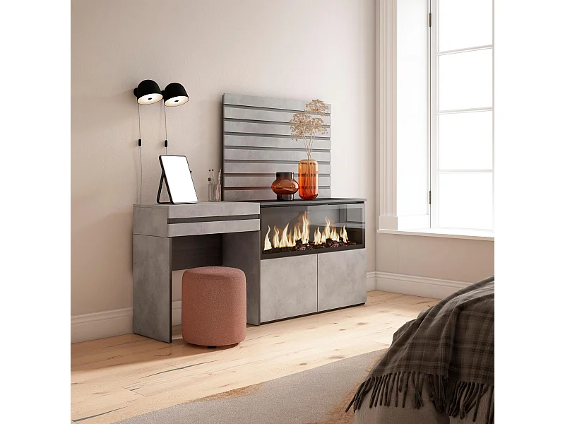 Coiffeuse, 177x35x145 cm, Avec tiroir, Cheminée électrique XXL, Panneaux Muraux en Bois, Ciment