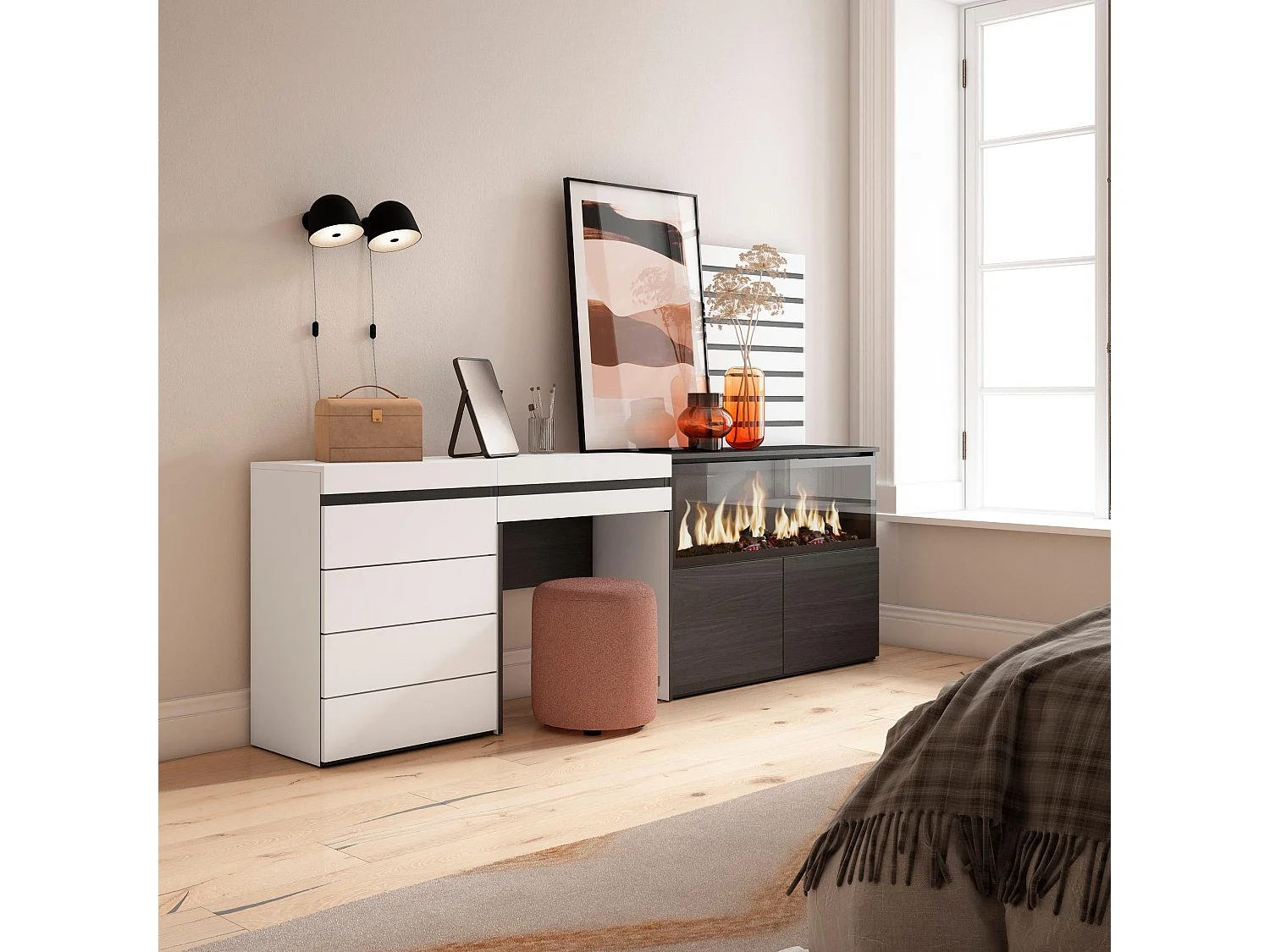 Coiffeuse, 234x35x145 cm, Avec tiroir, Cheminée électrique XXL, Commode, Buffet, Panneaux Muraux en Bois, Blanc