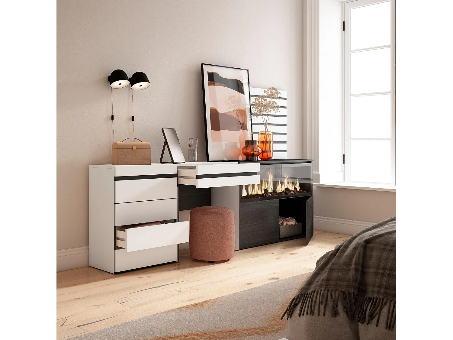 Coiffeuse, 234x35x145 cm, Avec tiroir, Cheminée électrique XXL, Commode, Buffet, Panneaux Muraux en Bois, Blanc