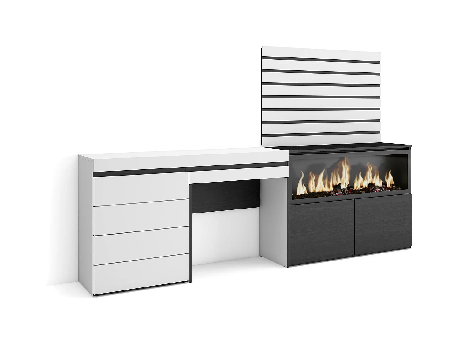 Coiffeuse, 234x35x145 cm, Avec tiroir, Cheminée électrique XXL, Commode, Buffet, Panneaux Muraux en Bois, Blanc