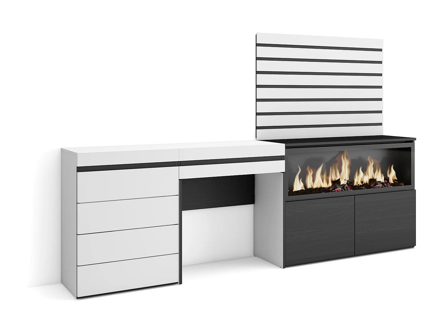 Schminktisch, 234x35x145cm, mit Schublade, Elektrokamin XXL, Kommode mit Schubladen, Lamellenwand Holz, Weiß