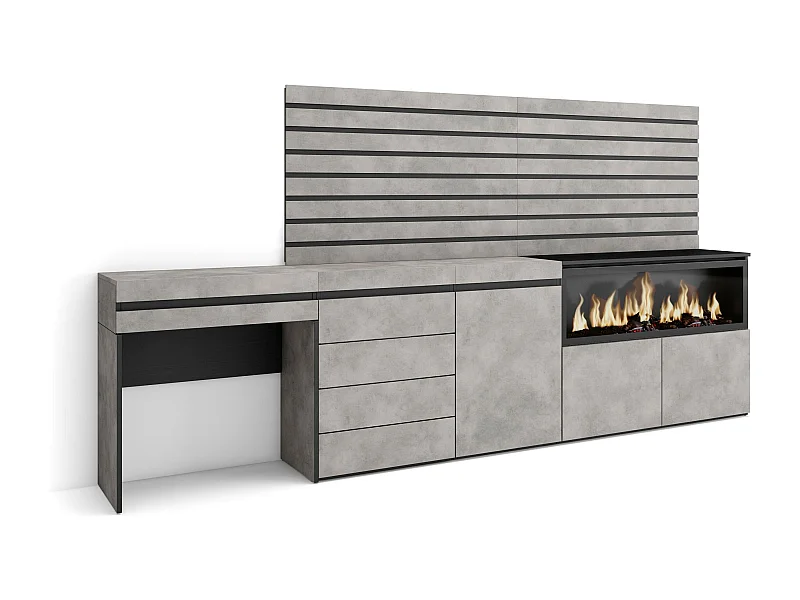 Tavolo da toeletta, 284x35x145cm, Con cassetto, Camino elettrico XXL, Cassettiera, Pannelli Decorativi, Cemento