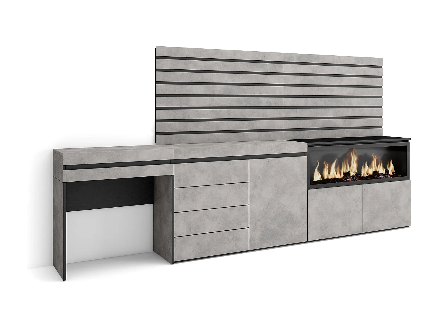 Coiffeuse, 284x35x145 cm, Avec tiroir, Cheminée électrique XXL, Commode, Buffet, Panneaux Muraux en Bois, Ciment