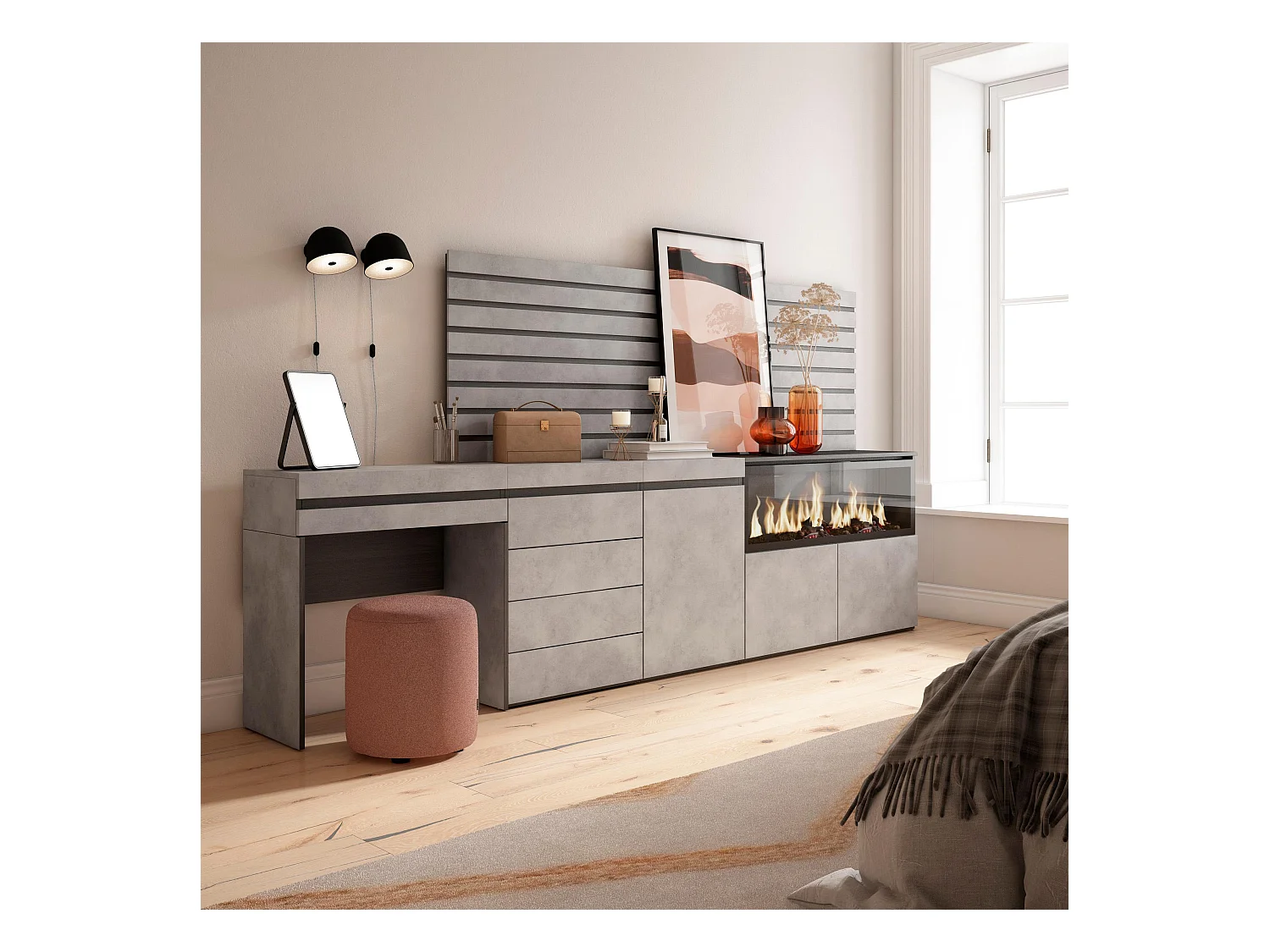 Coiffeuse, 284x35x145 cm, Avec tiroir, Cheminée électrique XXL, Commode, Buffet, Panneaux Muraux en Bois, Ciment