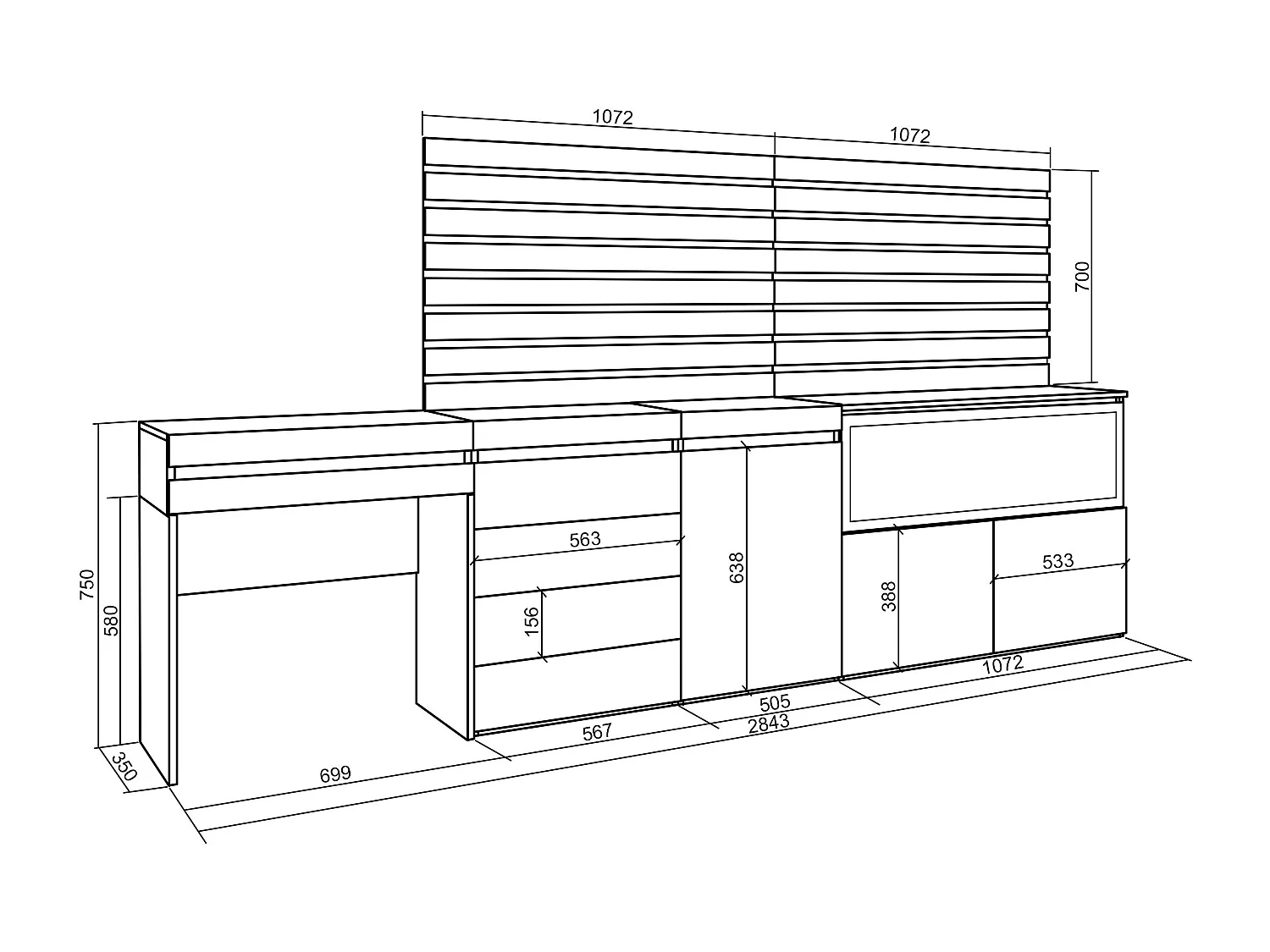 Schminktisch, 284x35x145cm, mit Schublade, Elektrokamin XXL, Kommode mit Schubladen, Lamellenwand Holz, Zement