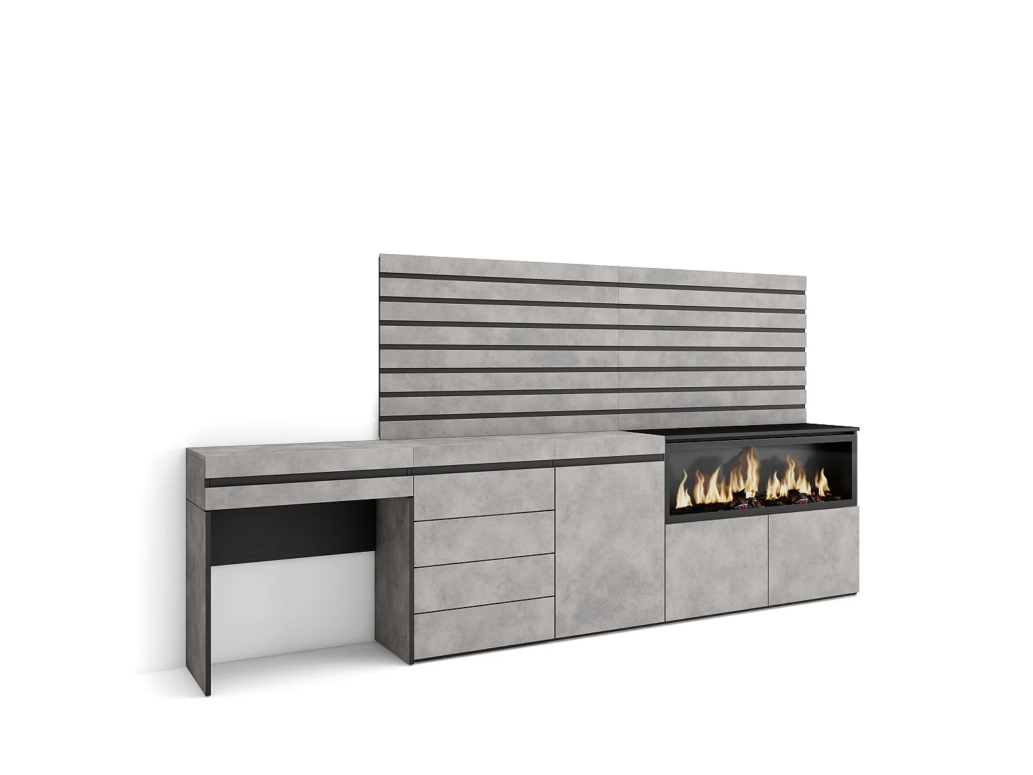 Kaptafel, Make-uptafel, 284x35x145cm, Met lade, Elektrische haard XXL, Ladekast, Commode, Lamellenwand Hout, Cement