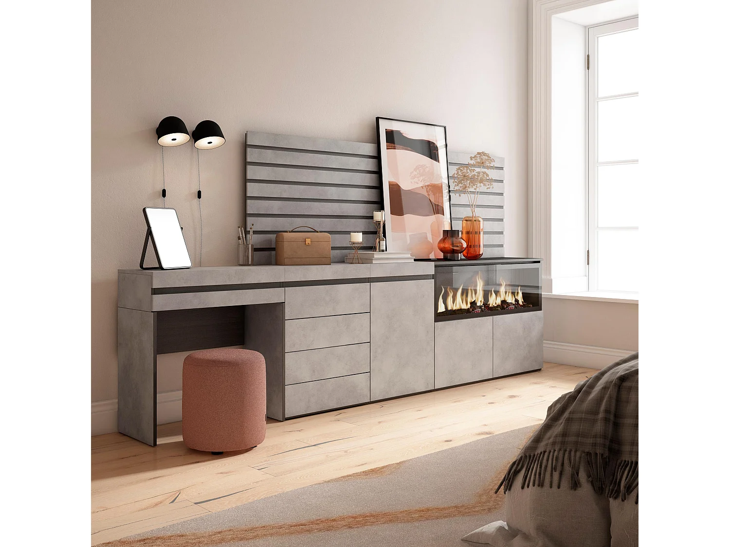 Kaptafel, Make-uptafel, 284x35x145cm, Met lade, Elektrische haard XXL, Ladekast, Commode, Lamellenwand Hout, Cement