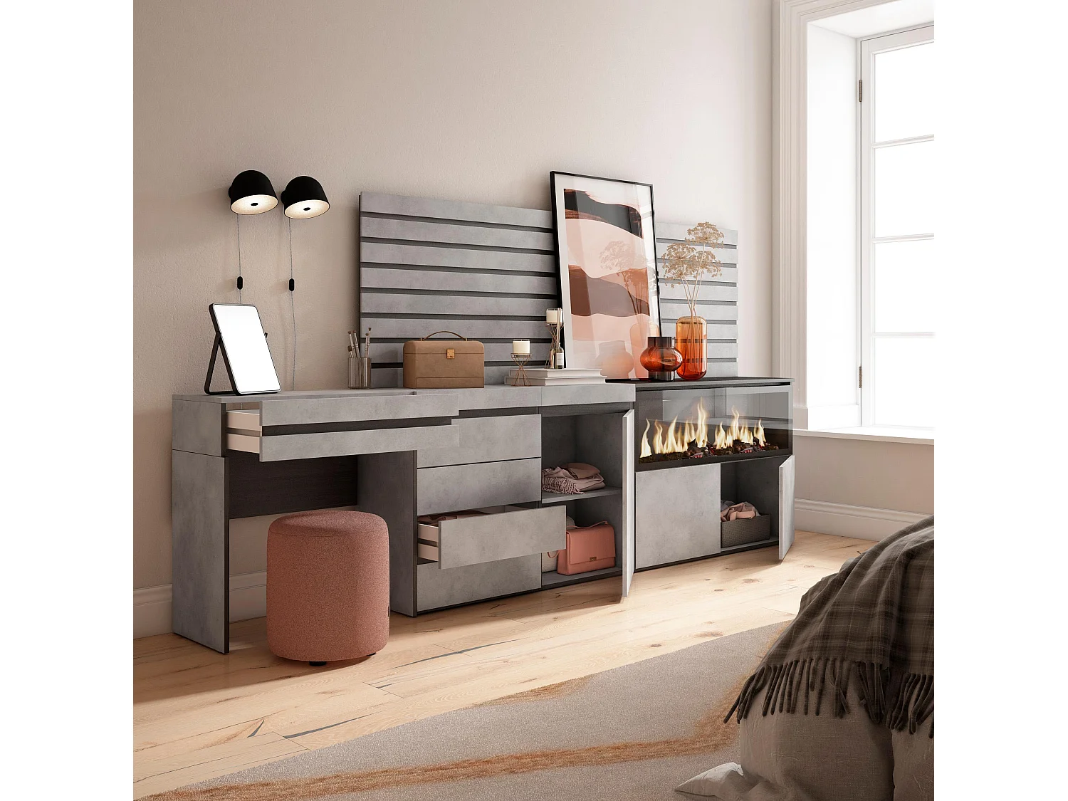 Kaptafel, Make-uptafel, 284x35x145cm, Met lade, Elektrische haard XXL, Ladekast, Commode, Lamellenwand Hout, Cement