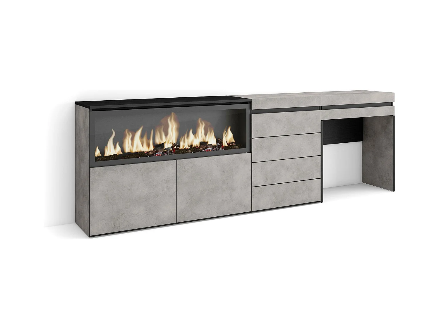 Coiffeuse, 234x35x75 cm, Avec tiroir, Cheminée électrique XXL, Commode, Buffet, Ciment
