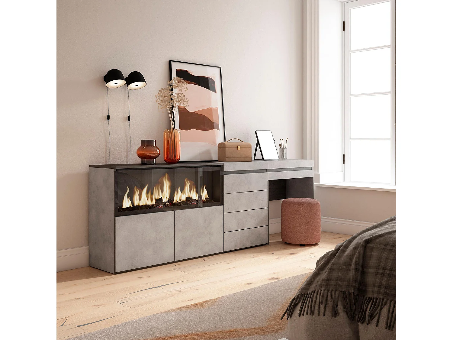 Kaptafel, Make-uptafel, 234x35x75cm, Met lade, Elektrische haard XXL, Ladekast, Commode, Cement