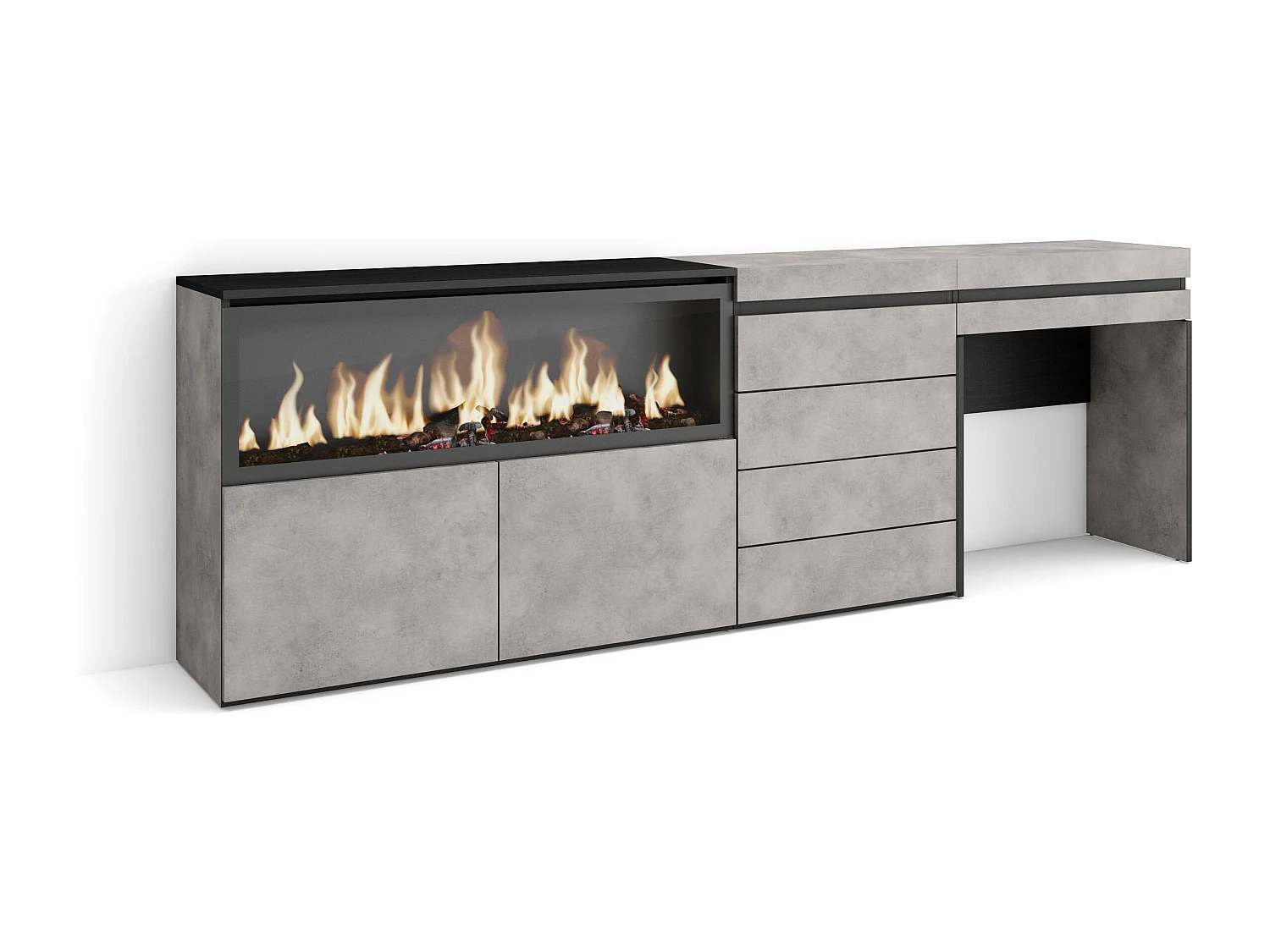 Kaptafel, Make-uptafel, 234x35x75cm, Met lade, Elektrische haard XXL, Ladekast, Commode, Cement