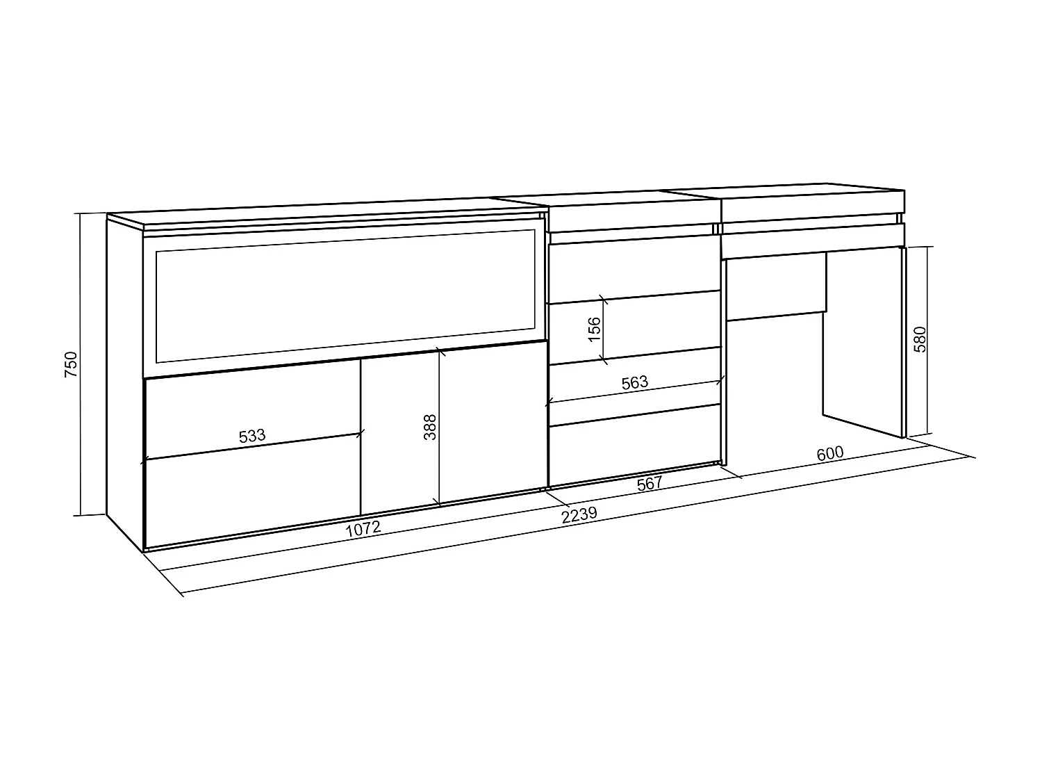 Kaptafel, Make-uptafel, 234x35x75cm, Met lade, Elektrische haard XXL, Ladekast, Commode, Cement
