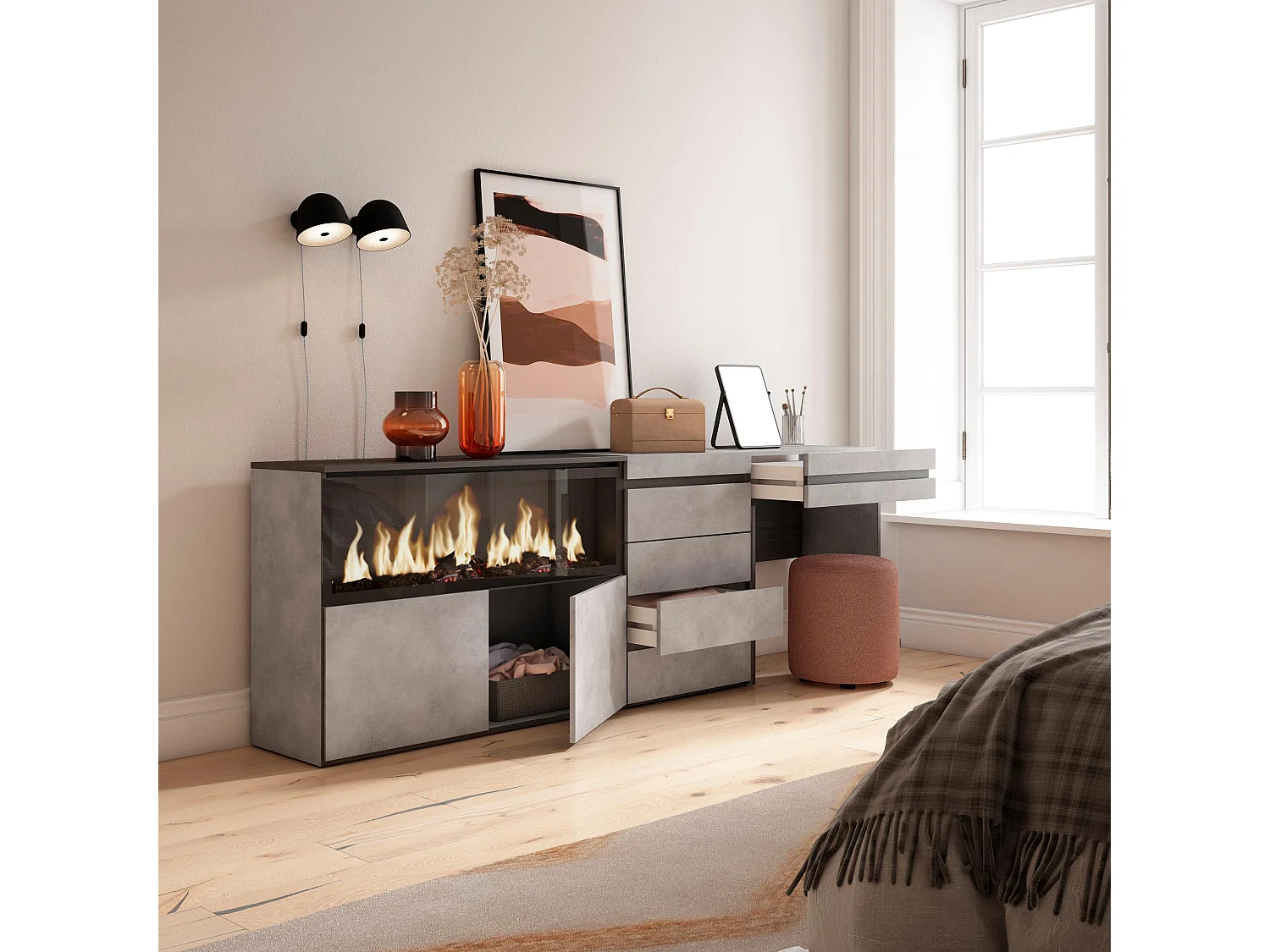 Schminktisch, 234x35x75cm, mit Schublade, Elektrokamin XXL, Kommode mit Schubladen, Zement