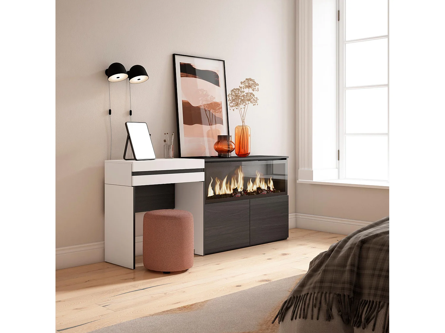 Schminktisch, 177x35x75cm, mit Schublade, Elektrokamin XXL, Weiß