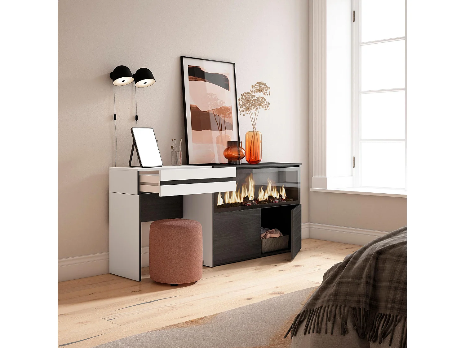 Schminktisch, 177x35x75cm, mit Schublade, Elektrokamin XXL, Weiß