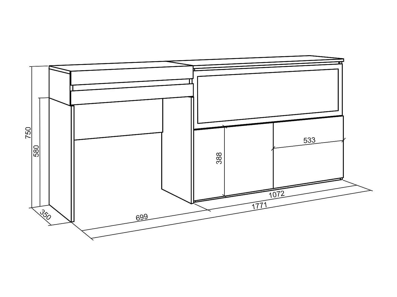 Schminktisch, 177x35x75cm, mit Schublade, Elektrokamin XXL, Weiß