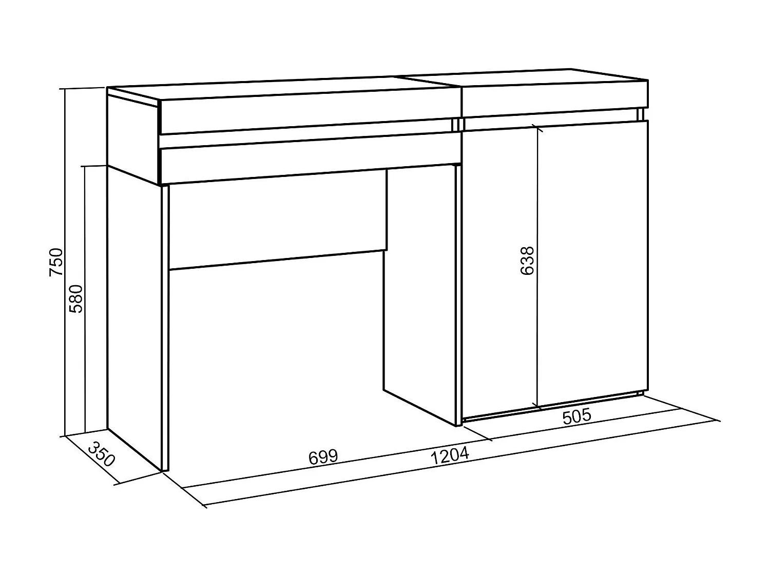 Toucador, 121x35x75cm, Com gaveta, Quarto, Dormitório, Branco