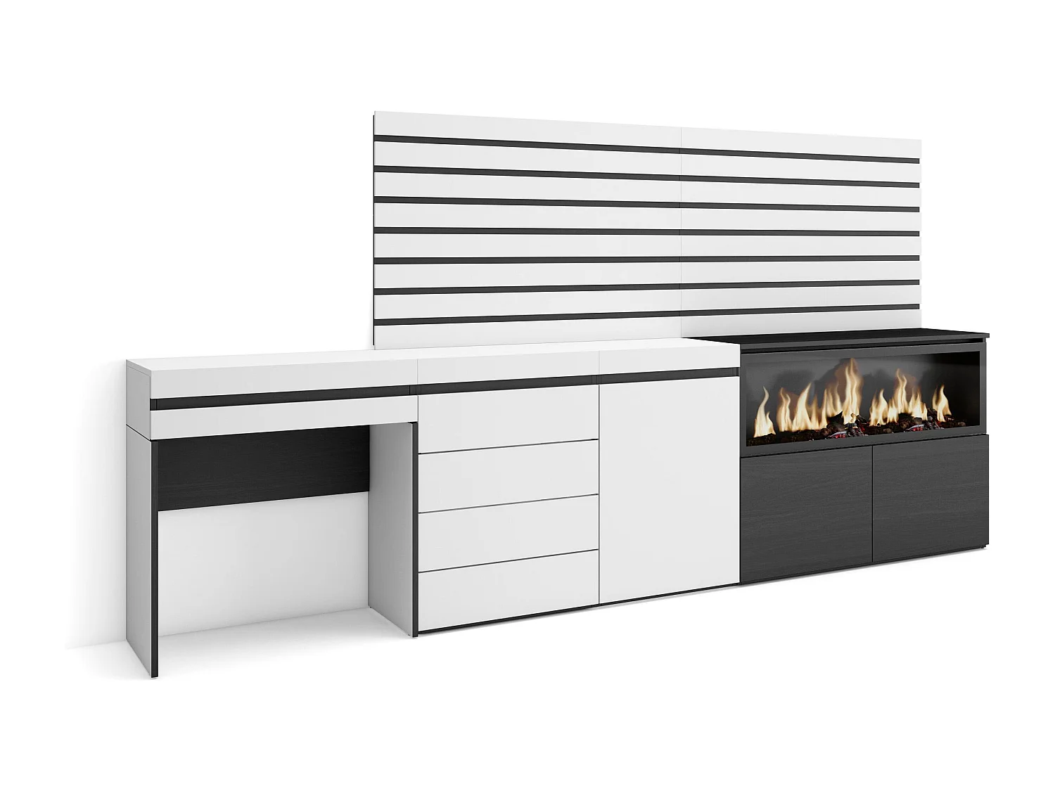 Coiffeuse, 284x35x145 cm, Avec tiroir, Cheminée électrique XXL, Commode, Buffet, Panneaux Muraux en Bois, Blanc