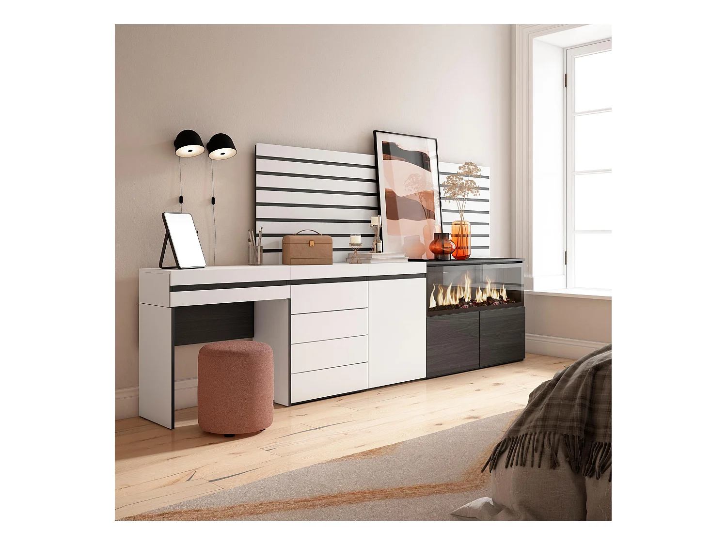 Coiffeuse, 284x35x145 cm, Avec tiroir, Cheminée électrique XXL, Commode, Buffet, Panneaux Muraux en Bois, Blanc