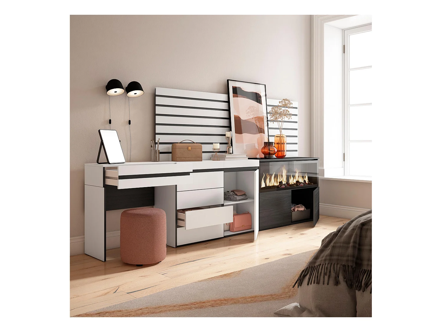 Coiffeuse, 284x35x145 cm, Avec tiroir, Cheminée électrique XXL, Commode, Buffet, Panneaux Muraux en Bois, Blanc