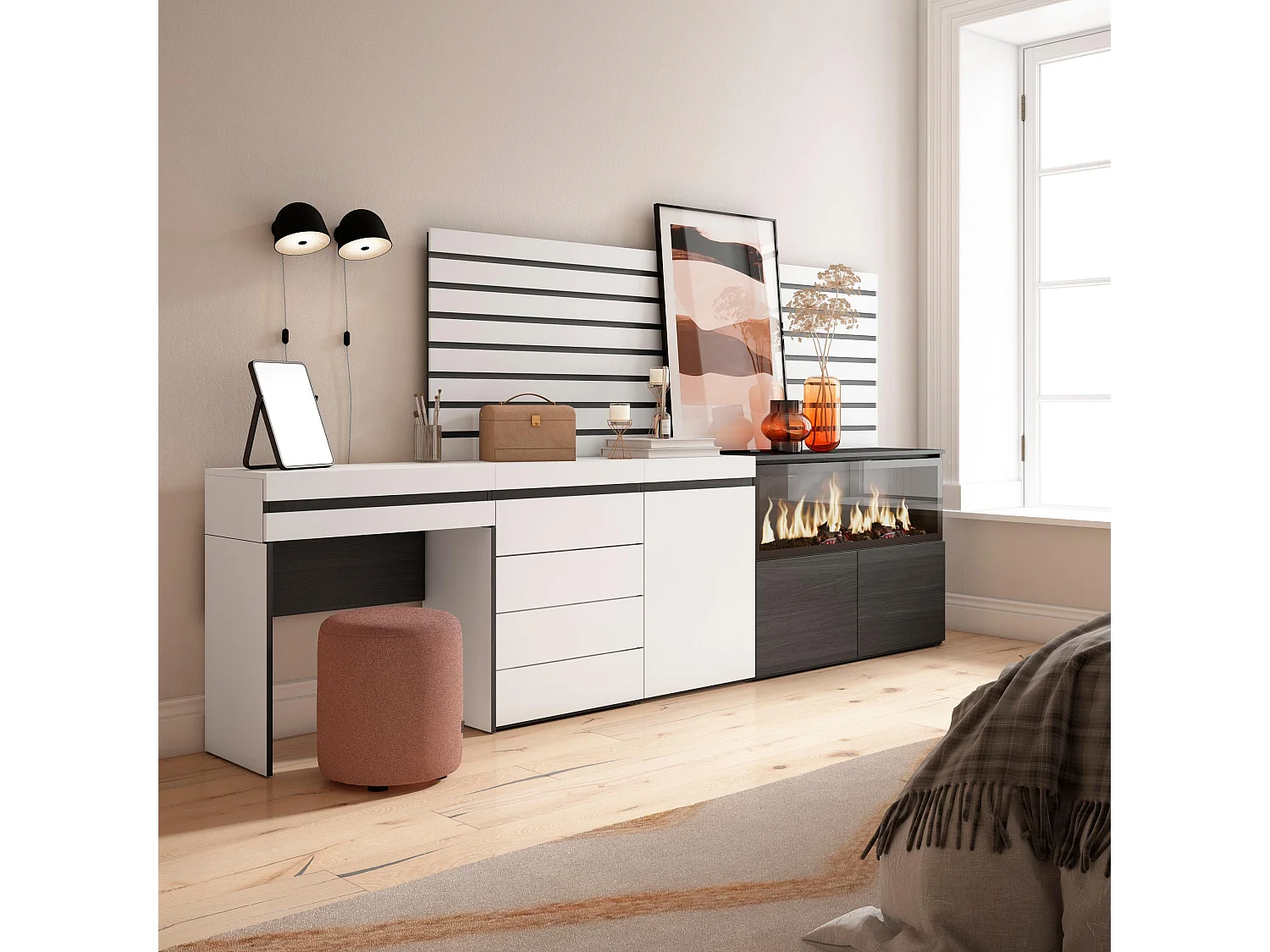 Coiffeuse, 284x35x145cm, avec tiroir, Cheminée électrique XXL, Commode, Buffet, Panneaux Muraux en Bois, Blanc