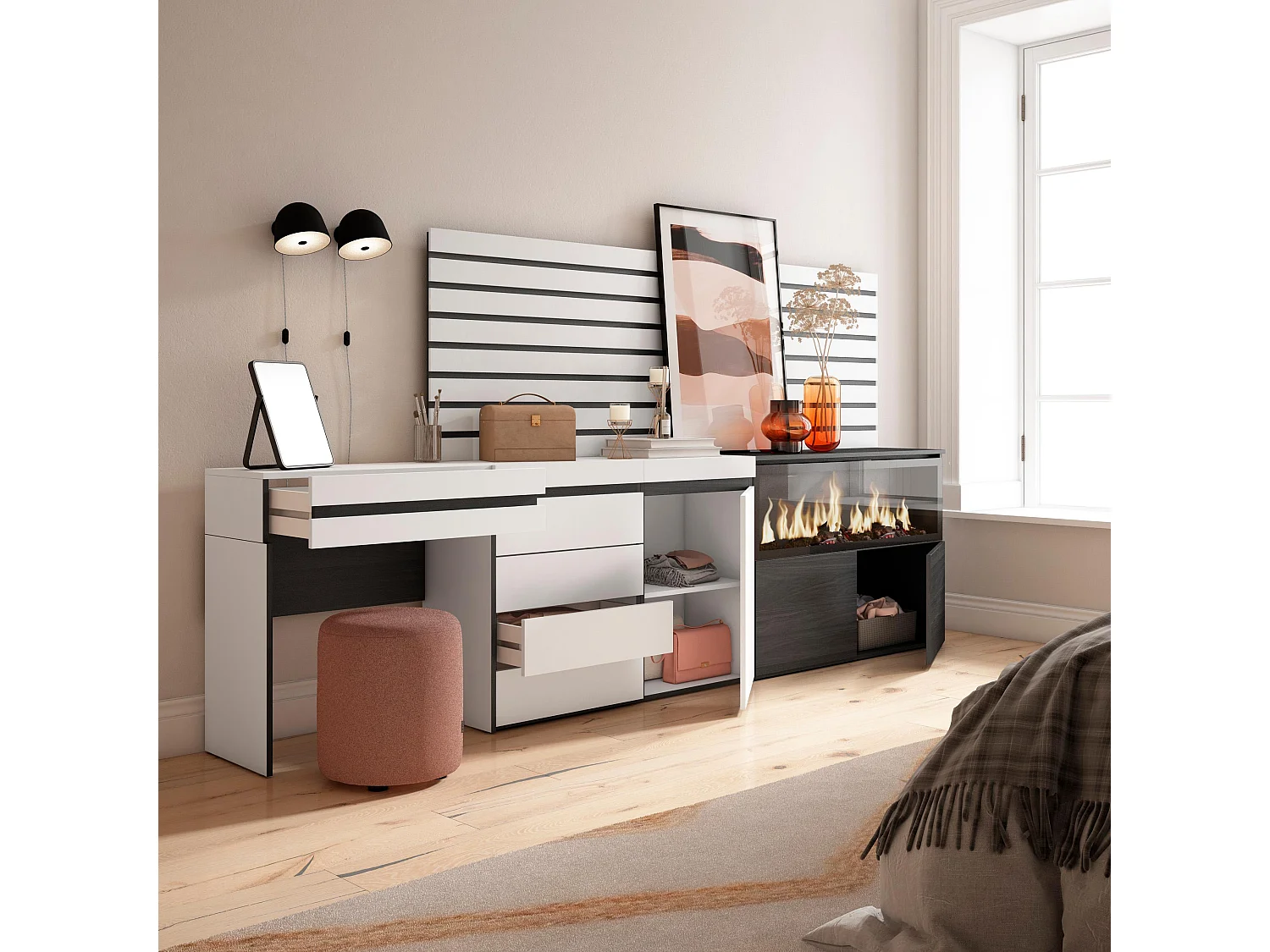 Coiffeuse, 284x35x145cm, avec tiroir, Cheminée électrique XXL, Commode, Buffet, Panneaux Muraux en Bois, Blanc