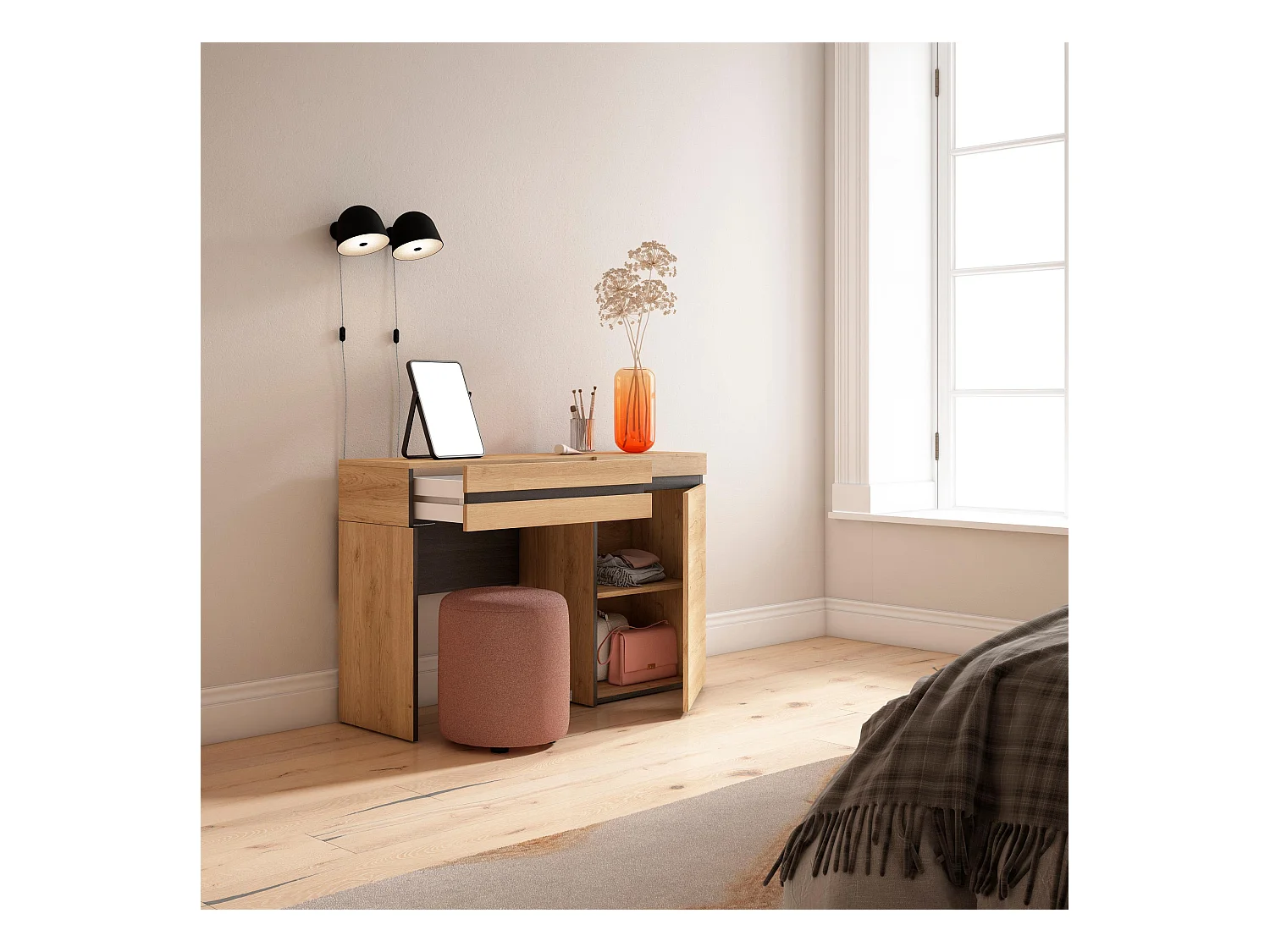 Coiffeuse, 121x35x75 cm, Avec tiroir, Chambre à coucher, Chêne