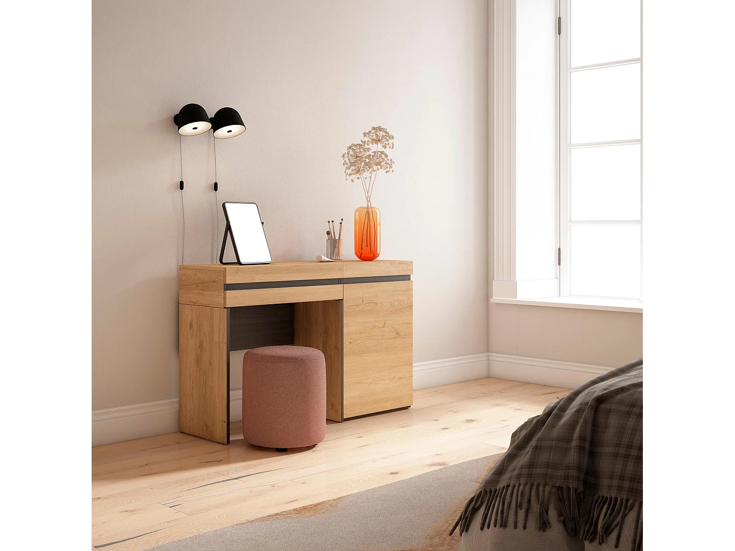 Coiffeuse, 121x35x75 cm, Avec tiroir, Chambre à coucher, Chêne