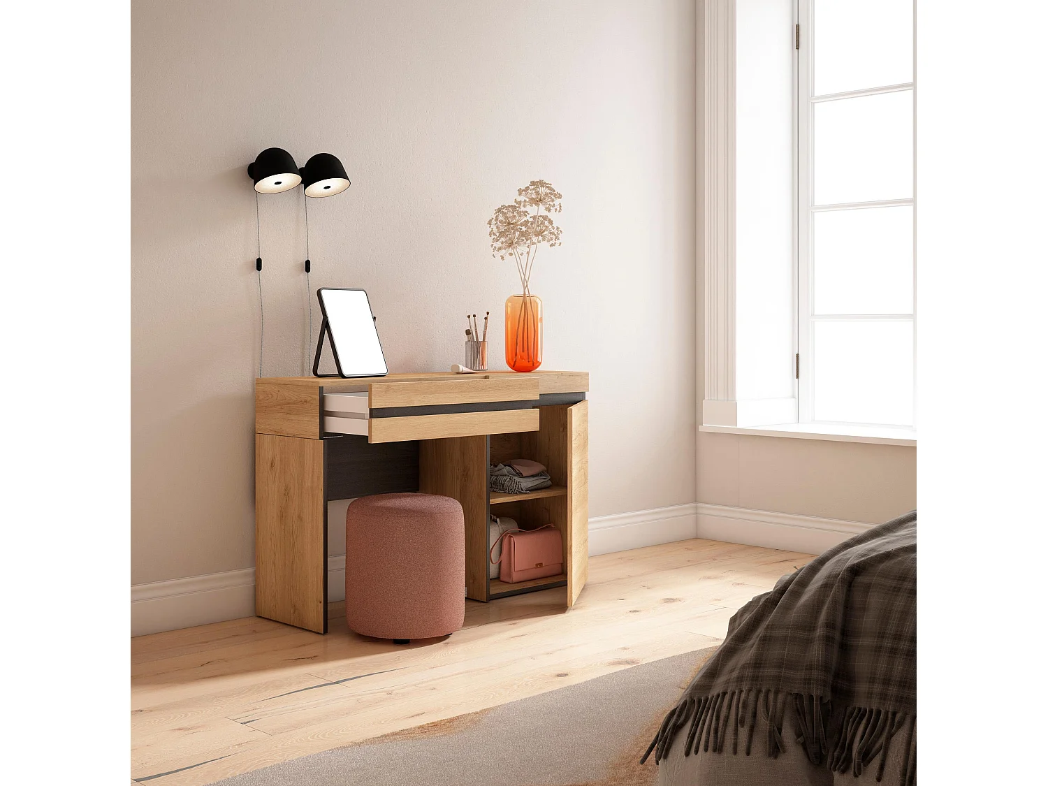 Coiffeuse, 121x35x75 cm, Avec tiroir, Chambre à coucher, Chêne