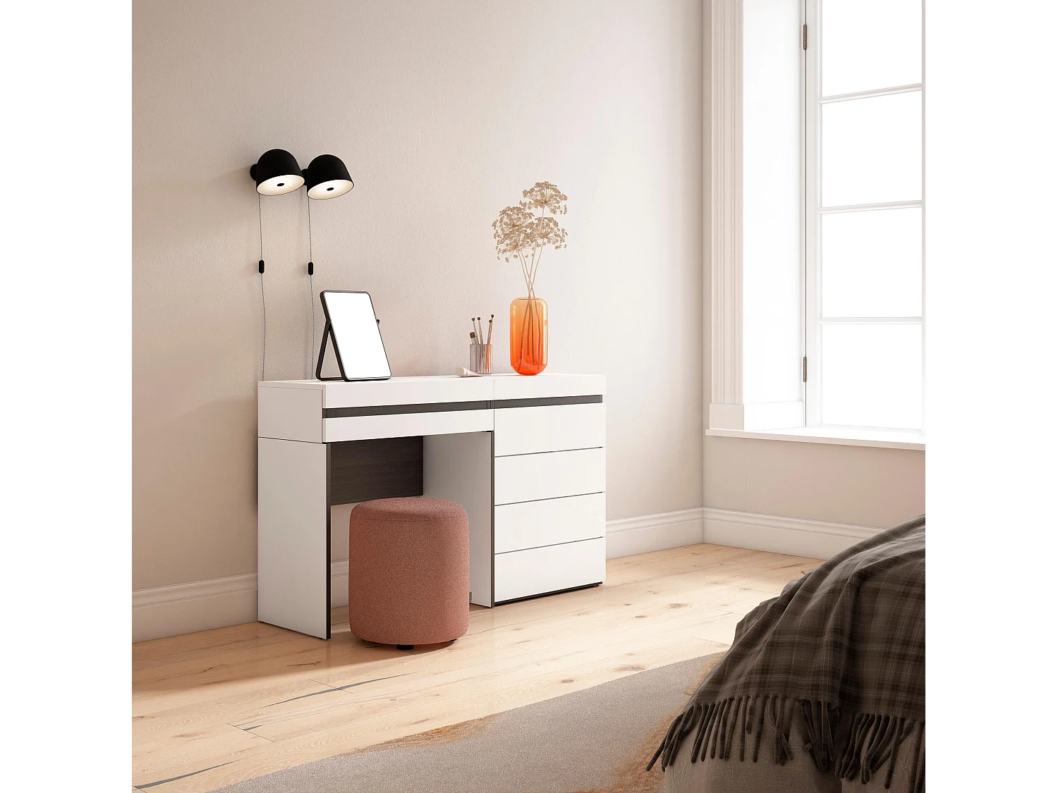 Coiffeuse, 127x35x75 cm, Avec tiroir, Commode, Buffet, Blanc